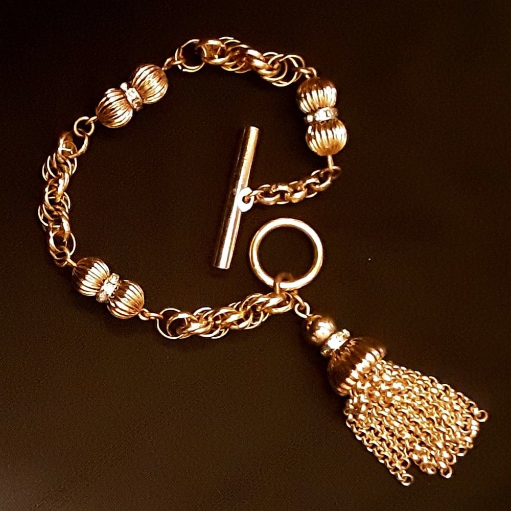 Goldtoned Charm Bracelet with Rhinestone Accents Signed TRIFARI